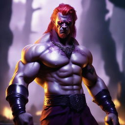 A male barbarian with glowing purple eyes that have no iris, silver skin, pointed ears, and fiery red hair