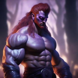 A male barbarian with glowing purple eyes that have no iris, silver skin, pointed ears, and fiery red hair