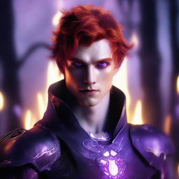 A male character with glowing purple eyes that have no iris, silver skin, pointed ears, and fiery red hair