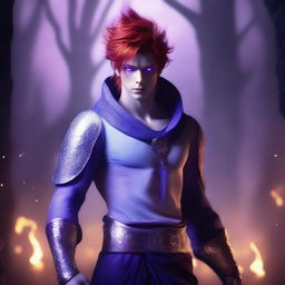 A male character with glowing purple eyes that have no iris, silver skin, pointed ears, and fiery red hair