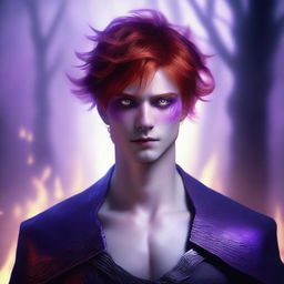 A male character with glowing purple eyes that have no iris, silver skin, pointed ears, and fiery red hair