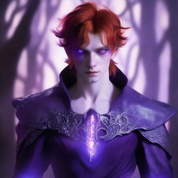 A male character with glowing purple eyes that have no iris, silver skin, pointed ears, and fiery red hair