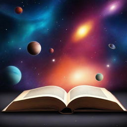 Create a book background featuring outer space. Include stars, planets, and galaxies to create a cosmic scene.