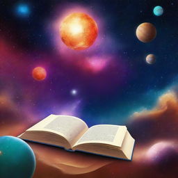 Create a book background featuring outer space. Include stars, planets, and galaxies to create a cosmic scene.