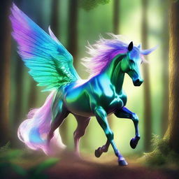 A majestic swiftstrider, a mythical creature resembling a horse with wings and a sleek, aerodynamic body, galloping through a lush, enchanted forest