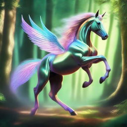 A majestic swiftstrider, a mythical creature resembling a horse with wings and a sleek, aerodynamic body, galloping through a lush, enchanted forest