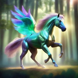 A majestic swiftstrider, a mythical creature resembling a horse with wings and a sleek, aerodynamic body, galloping through a lush, enchanted forest