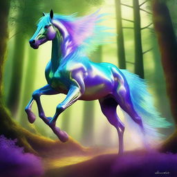 A majestic swiftstrider, a mythical creature resembling a horse with wings and a sleek, aerodynamic body, galloping through a lush, enchanted forest