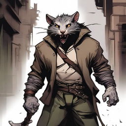 A male Dungeons & Dragons shifter wererat, standing in a dark alley