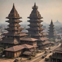 A view of Myanmar transformed with a dieselpunk theme, integrating traditional Myanmar landscapes and architecture with industrial, retro-futuristic dieselpunk machinery and structures.