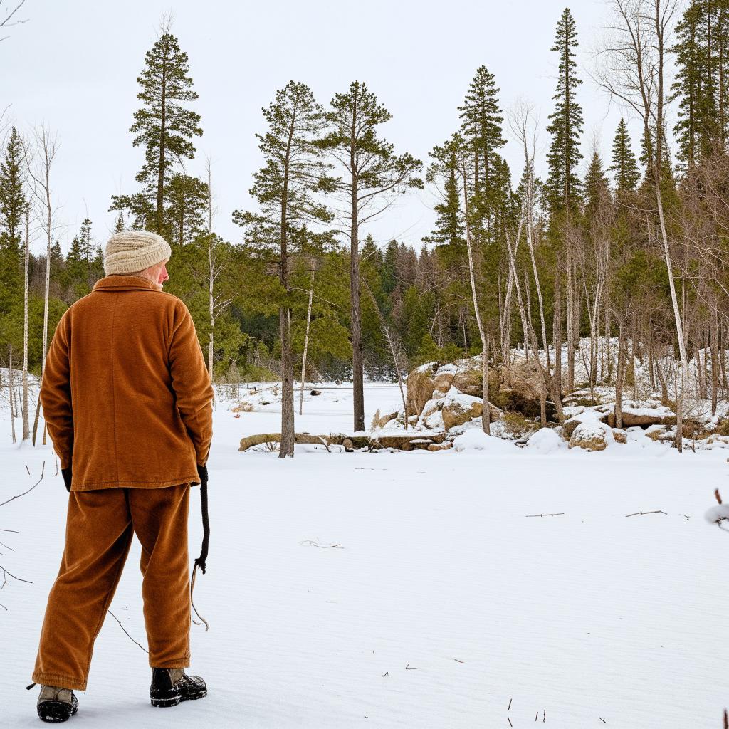 A typical local of Minnesota in warm winter clothing, standing against a backdrop of a picturesque snowy landscape, replete with pine trees and a frozen lake.