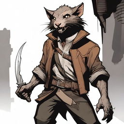 A male Dungeons & Dragons shifter wererat, standing in a dark alley