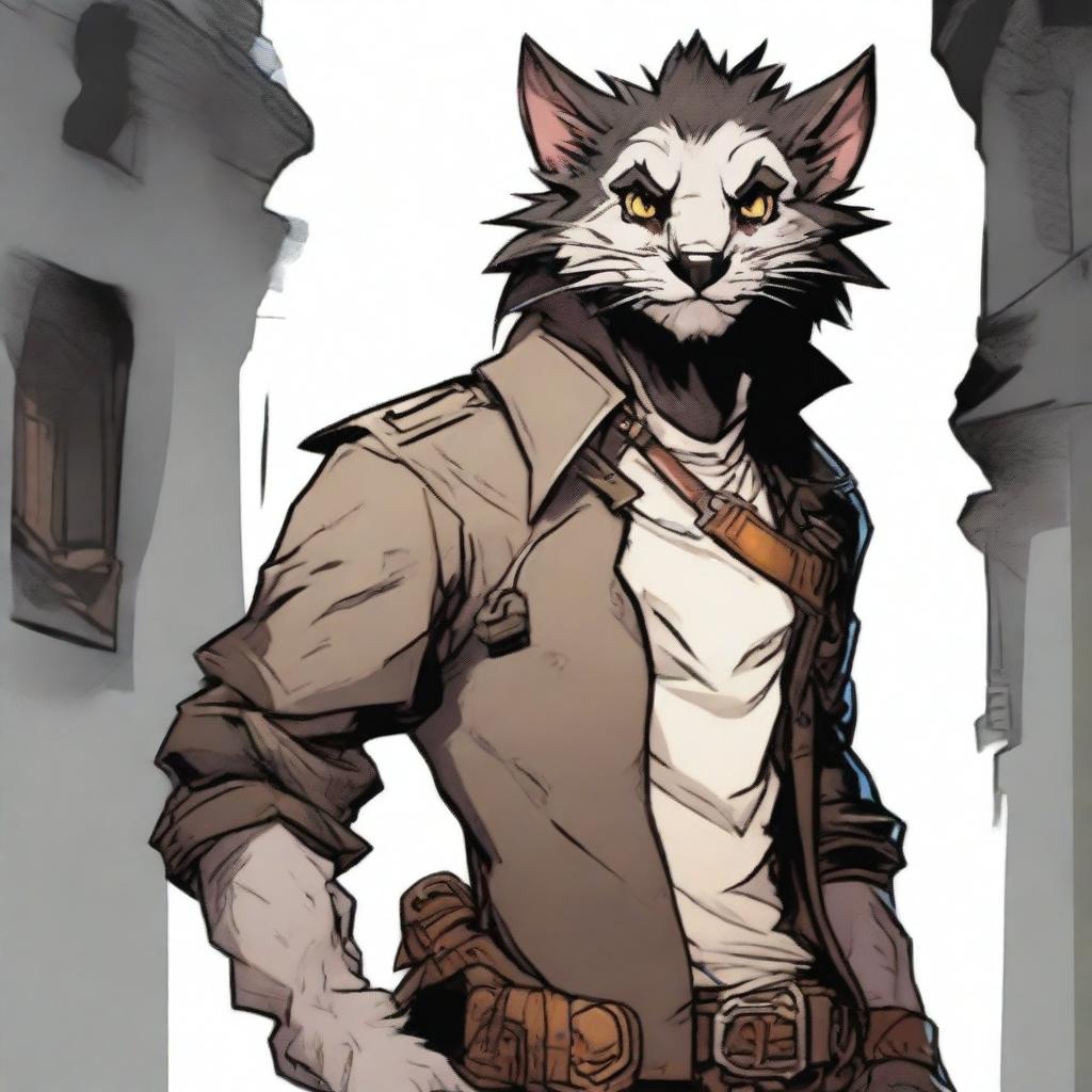 A male Dungeons & Dragons shifter wererat with jet black hair, standing in a dark alley