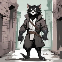 A male Dungeons & Dragons shifter wererat with jet black hair, standing in a dark alley