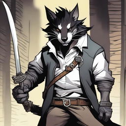 A male Dungeons & Dragons shifter wererat with jet black hair, standing in a dark alley