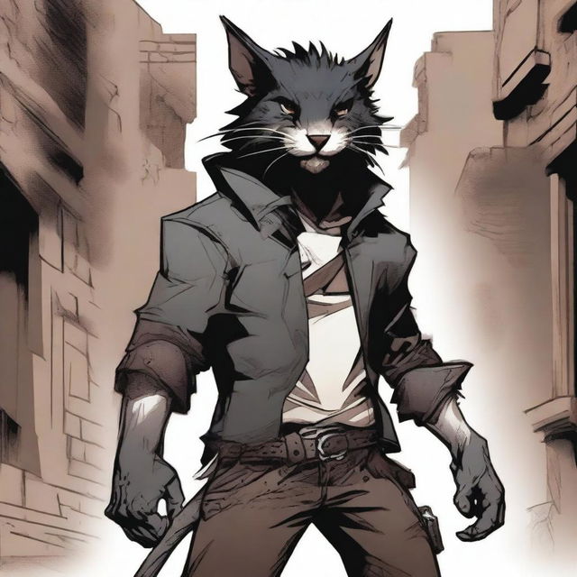 A male Dungeons & Dragons shifter wererat with jet black hair and white eyes, standing in a dark alley