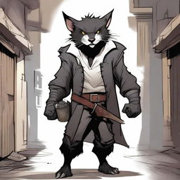 A male Dungeons & Dragons shifter wererat with jet black hair and white eyes, standing in a dark alley