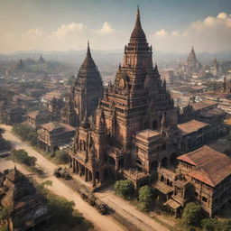 A view of Myanmar transformed with a dieselpunk theme, integrating traditional Myanmar landscapes and architecture with industrial, retro-futuristic dieselpunk machinery and structures.