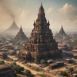 A view of Myanmar transformed with a dieselpunk theme, integrating traditional Myanmar landscapes and architecture with industrial, retro-futuristic dieselpunk machinery and structures.