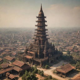 A view of Myanmar transformed with a dieselpunk theme, integrating traditional Myanmar landscapes and architecture with industrial, retro-futuristic dieselpunk machinery and structures.