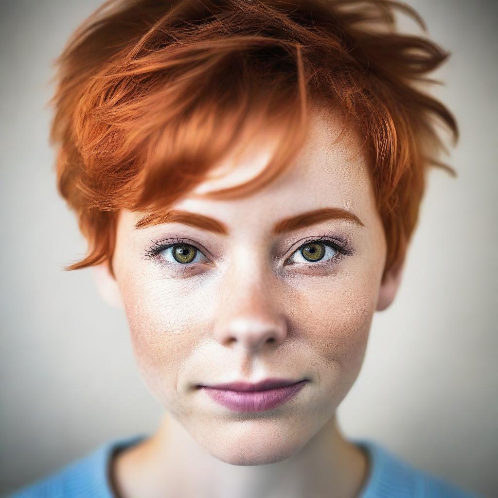 A detailed portrait of a young woman with a ginger pixie cut hairstyle and hazel eyes