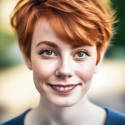 A detailed portrait of a young woman with a ginger pixie cut hairstyle and hazel eyes