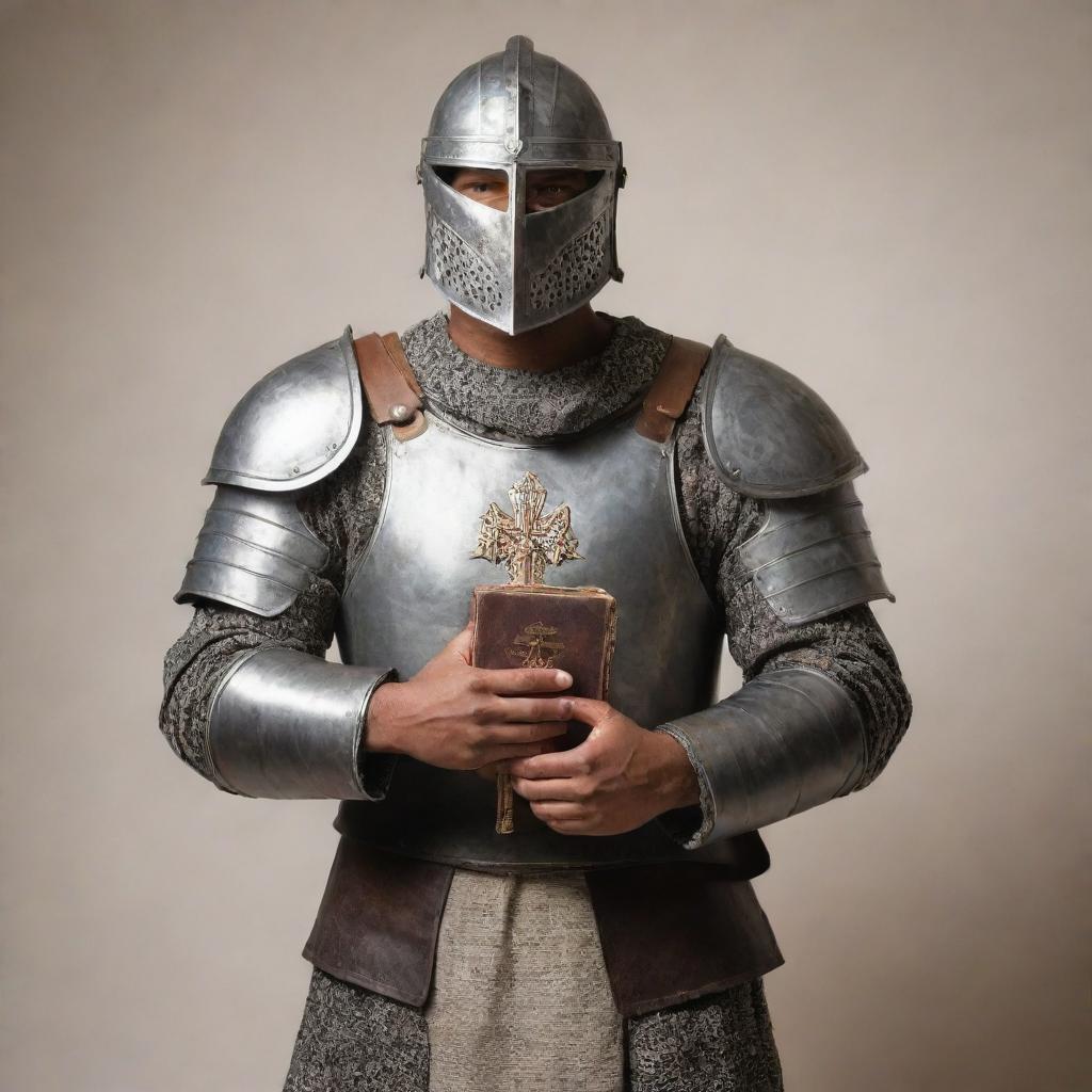 A full armor of God including a shirt and carrying a Bible