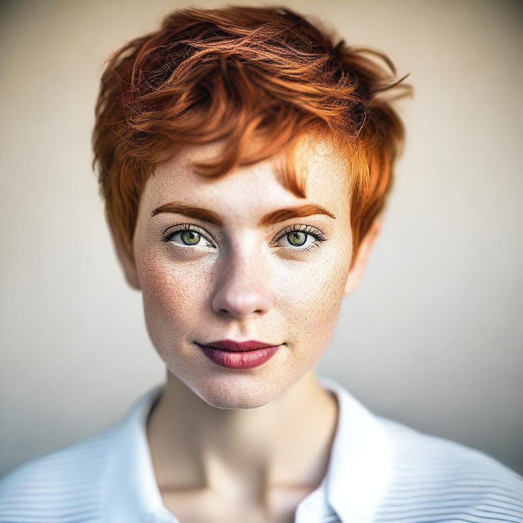 A detailed portrait of a young woman with a ginger pixie cut hairstyle and hazel eyes