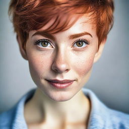 A detailed portrait of a young woman with a ginger pixie cut hairstyle and hazel eyes