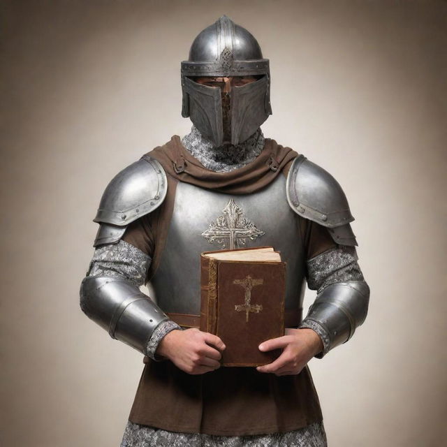 A full armor of God including a shirt and carrying a Bible