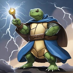 A storm cleric tortle wielding a greathammer made out of another tortle's shell