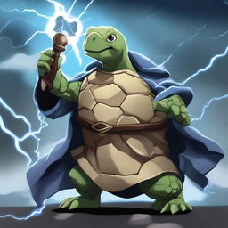 A storm cleric tortle wielding a greathammer made out of another tortle's shell