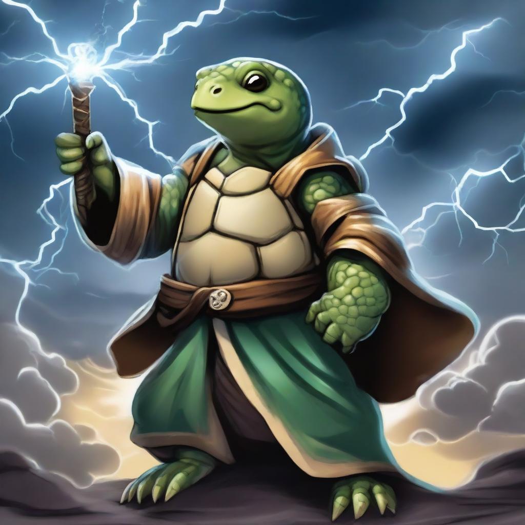 A storm cleric tortle wielding a greathammer made out of another tortle's shell