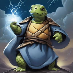 A storm cleric tortle wielding a greathammer made out of another tortle's shell