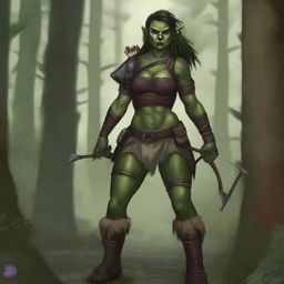 A fierce female half-orc ranger standing in a dense forest, wearing leather armor and holding a bow