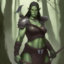 A fierce female half-orc ranger standing in a dense forest, wearing leather armor and holding a bow