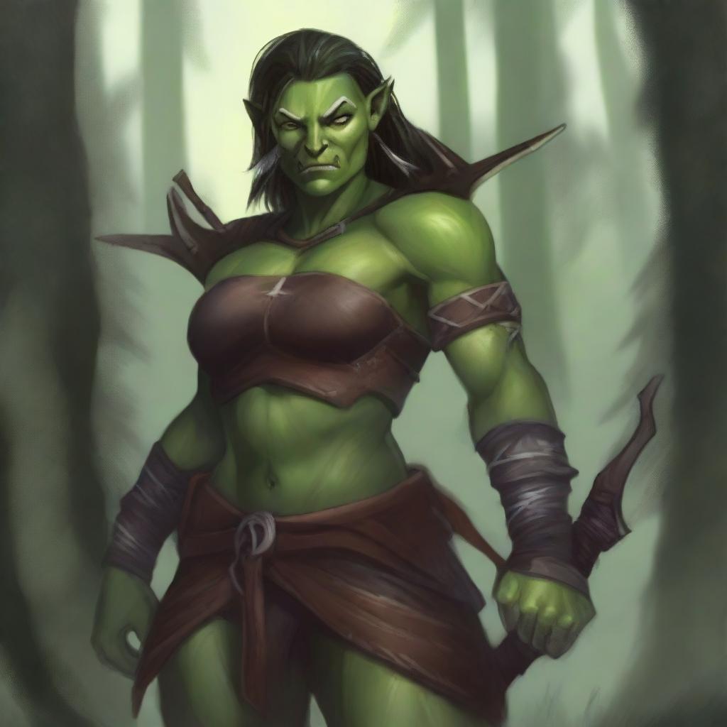 A fierce female half-orc ranger standing in a dense forest, wearing leather armor and holding a bow