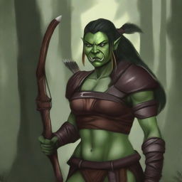 A fierce female half-orc ranger standing in a dense forest, wearing leather armor and holding a bow