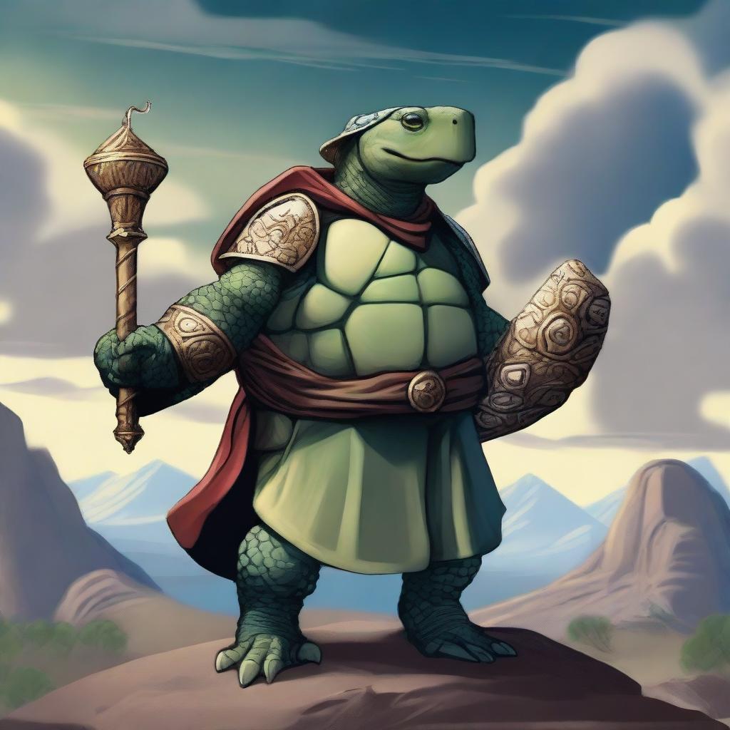 A Tempus cleric tortle holding a greathammer