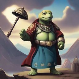 A Tempus cleric tortle holding a greathammer