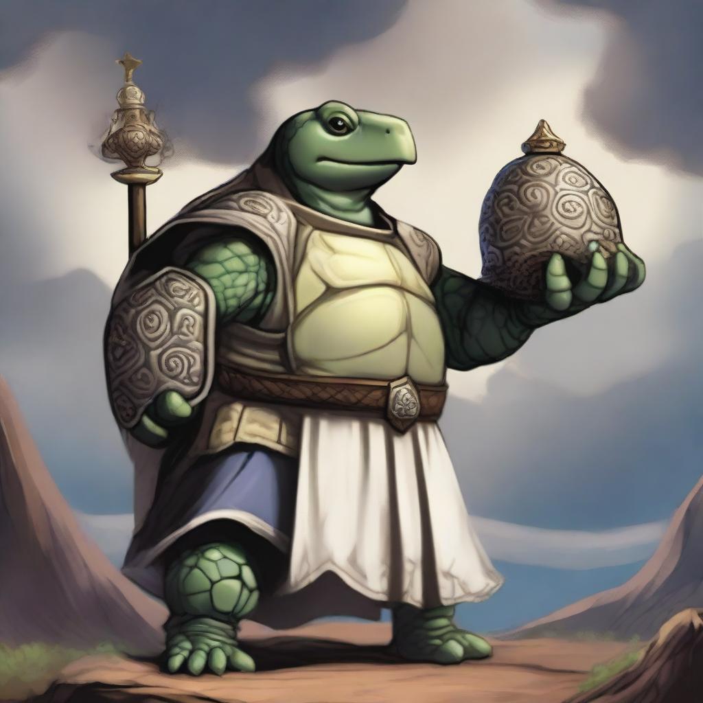 A Tempus cleric tortle holding a greathammer