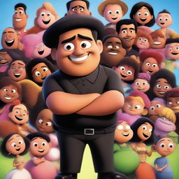 A Pixar movie poster featuring a slim young Latin man who looks like a rapper, dressed in black clothes, surrounded by many pregnant women and babies