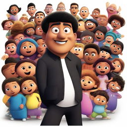 A Pixar movie poster featuring a slim young Latin man who looks like a rapper, dressed in black clothes, surrounded by many pregnant women and babies