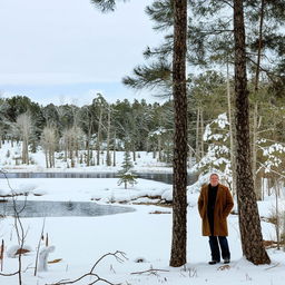 A typical local of Minnesota in warm winter clothing, standing against a backdrop of a picturesque snowy landscape, replete with pine trees and a frozen lake.