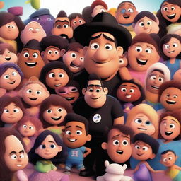 A Pixar movie poster featuring a slim young Latin man who looks like a rapper, dressed in black clothes, surrounded by many pregnant women and babies