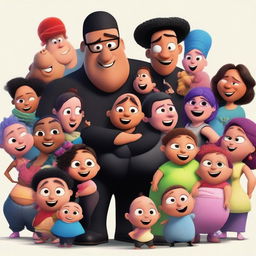 A Pixar movie poster featuring a slim young Latin man who looks like a rapper, dressed in black clothes, surrounded by many pregnant women and babies