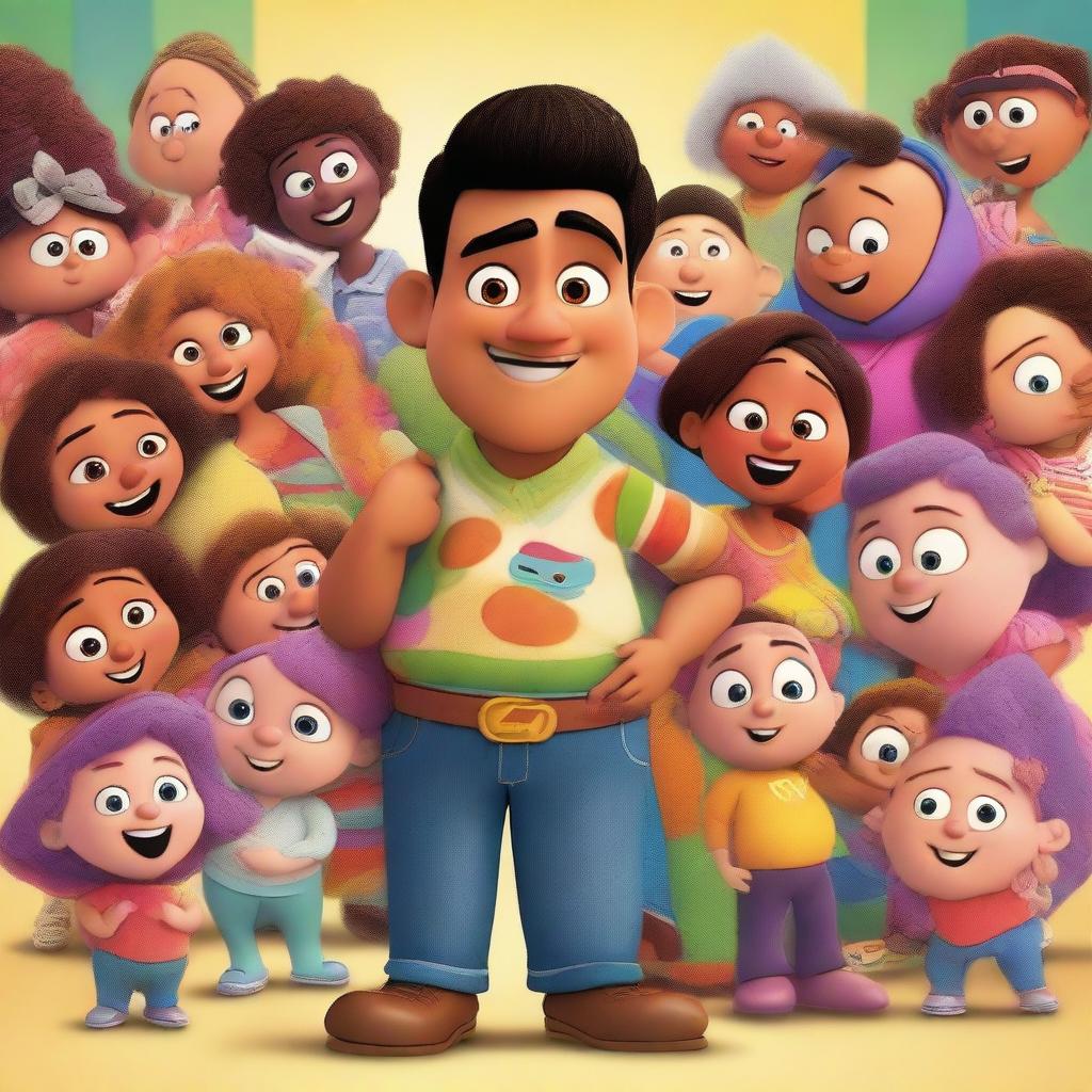 A Pixar movie poster featuring a young Latin man, slim and dressed in rapper clothes, surrounded by many pregnant women and babies