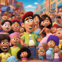 A Pixar movie poster featuring a young Latin man, slim and dressed in rapper clothes, surrounded by many pregnant women and babies