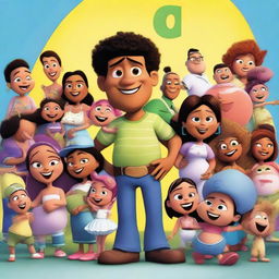 A Pixar movie poster featuring a young Latin man, slim and dressed in rapper clothes, surrounded by many pregnant women and babies