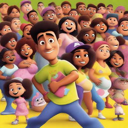 A Pixar movie poster featuring a young Latin man, slim and dressed in rapper clothes, surrounded by many pregnant women and babies